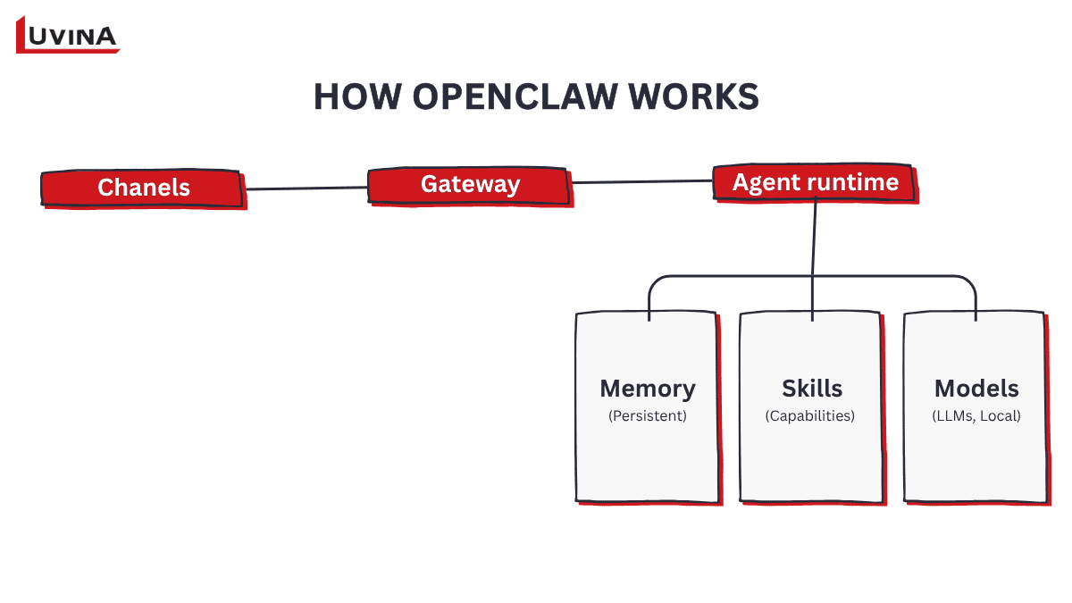 A diagram visualizing the modular architecture of the OpenClaw platform to explain "what is openclaw", coordinating user requests, managers, and planners for code and web actions.