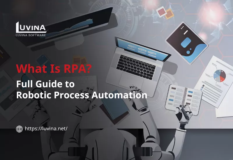 A professional featured thumbnail for a comprehensive guide on what is RPA, showing digital bots automating business tasks.