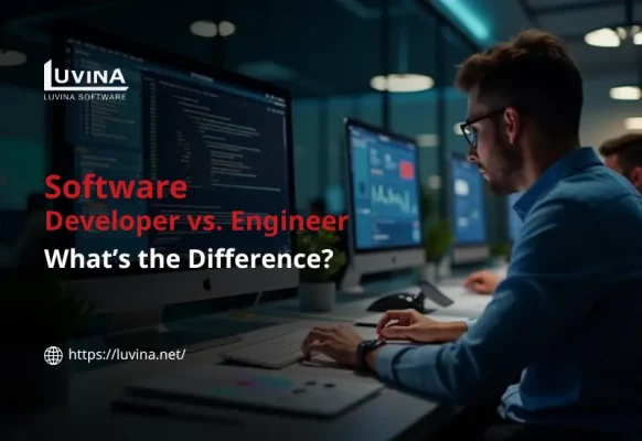 An engaging featured thumbnail presenting the difference between software development and software engineering in the IT industry.