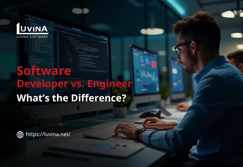 An engaging featured thumbnail presenting the difference between software development and software engineering in the IT industry.