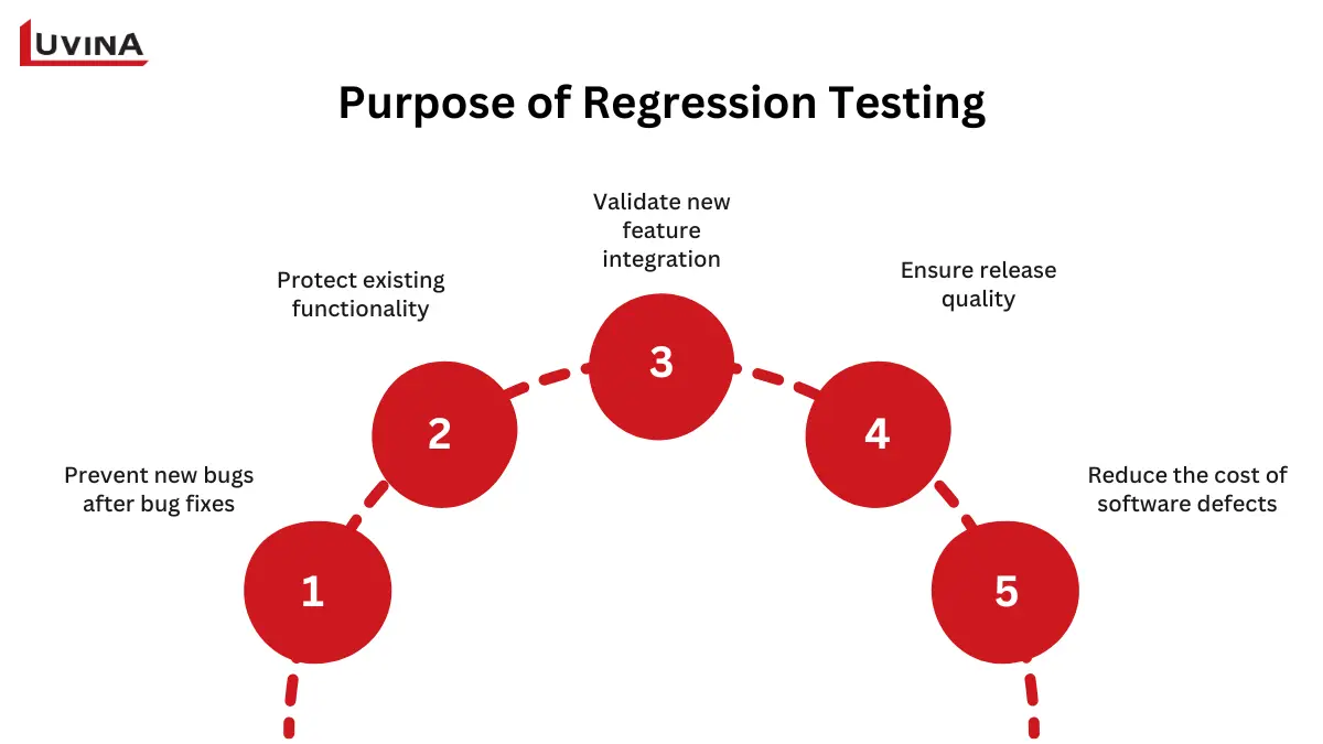 An infographic detailing the five primary objectives of utilizing regression testing software to maintain code stability.