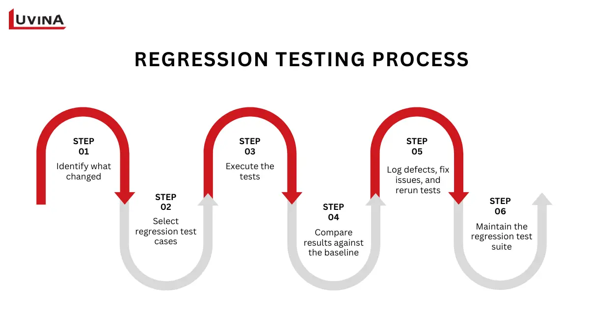 A workflow diagram breaking down the six-step execution process within standard regression testing software setups.