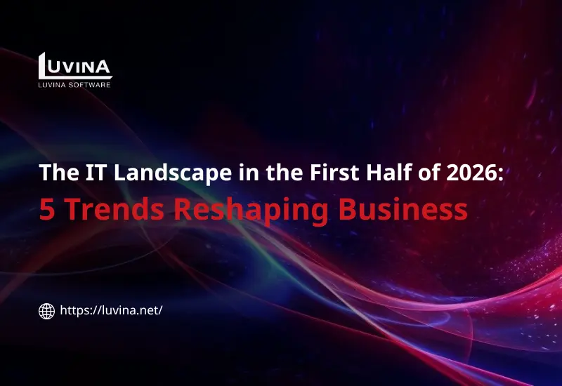 A professional featured thumbnail illustrating the top IT and technology trends reshaping the business landscape in the first half of 2026.