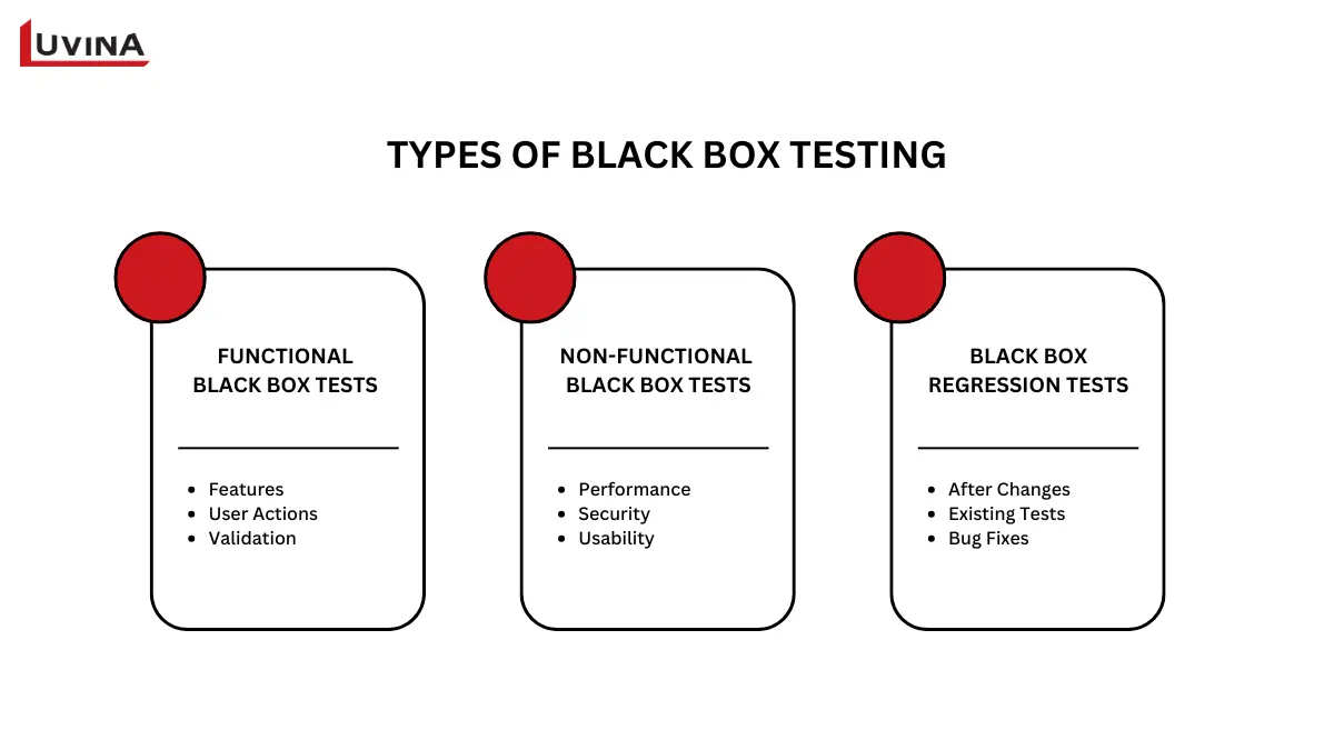 An infographic breaking down the key types of black box testing, including functional and non-functional methods.