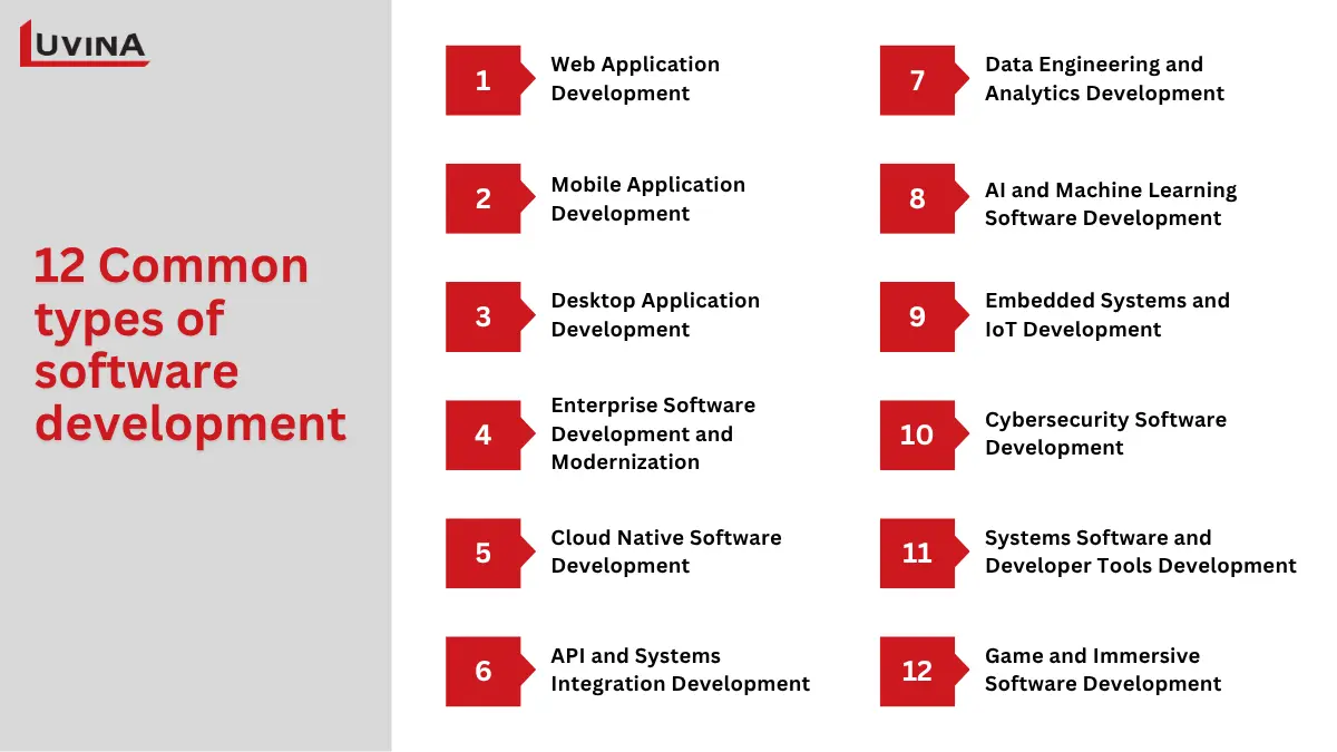 An overview chart presenting 12 common types of software development, including web, mobile, and cloud engineering.