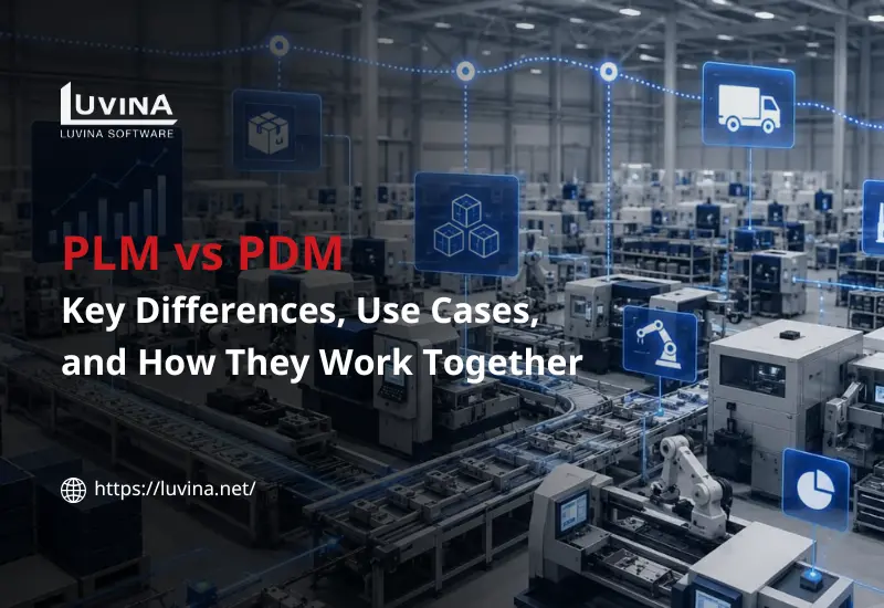 PLM vs PDM comparison graphic showing key differences in lifecycle management.
